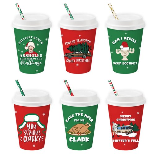 Arsemica Christmas Vacation Merch Party Supplies, 48 Pack Holiday Paper Cups with Lids and Straws, 12 oz Xmas Disposable Cups Table Decor, Funny Holiday Party Cups for Coffee Hot Chocolate Cocoa Tea