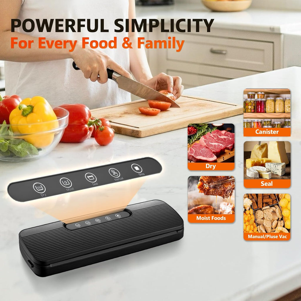Vacuum Sealer Machine - High Suction Food Sealer with Double Seal Technology | Compact Design with Built-in Cutter & Bag Storage | Dry & Moist Modes (Black)