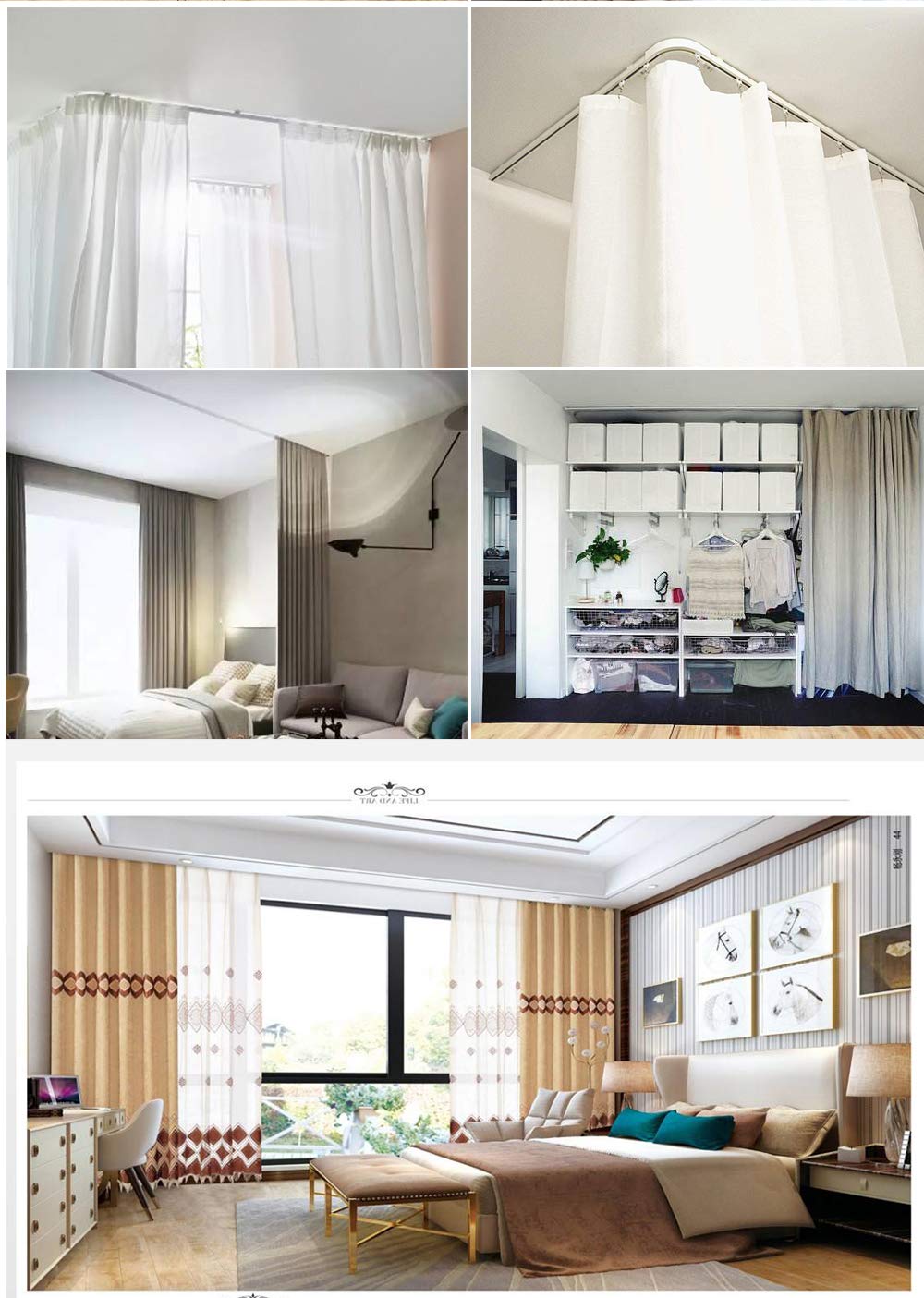 6ft-12ft Upgraded Aluminum Curtain Track, Ceiling or Wall mount, Curtain Rail System with 90 Degree Corner Bends, Windows and Room Divider Ceiling Track set with Runners and Hooks(White)