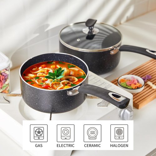 RATWIA Nonstick Saucepan Set - 3-Pieces Pot Set 1 Quart & 2 Quart & 3 Quart,Ultra Non Stick Sauce Pan Small Pot with Glass Lid,Great for Home Kitchen Restaurant,Black