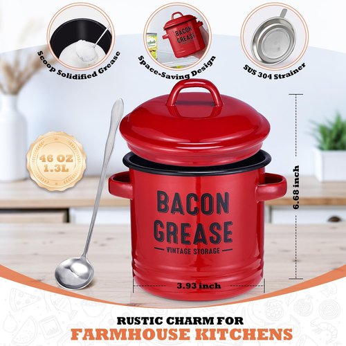 ONEARF Bacon Grease Container with Strainer - Large 46OZ Red Kitchen Oil Storage Can, Food Saver Bin with Lid | Farmhouse Cooking Pot Keeper Collector, Dishwasher Safe - Red