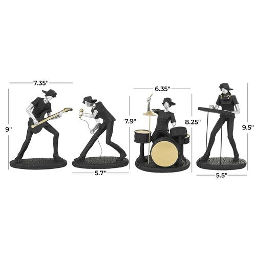 Deco 79 Polystone Musician Decorative Sculpture Rock Band Home Decor Statues with Gold and Silver Accents, Set of 4 Accent Figurines 8", 8", 9", 10"H, Black