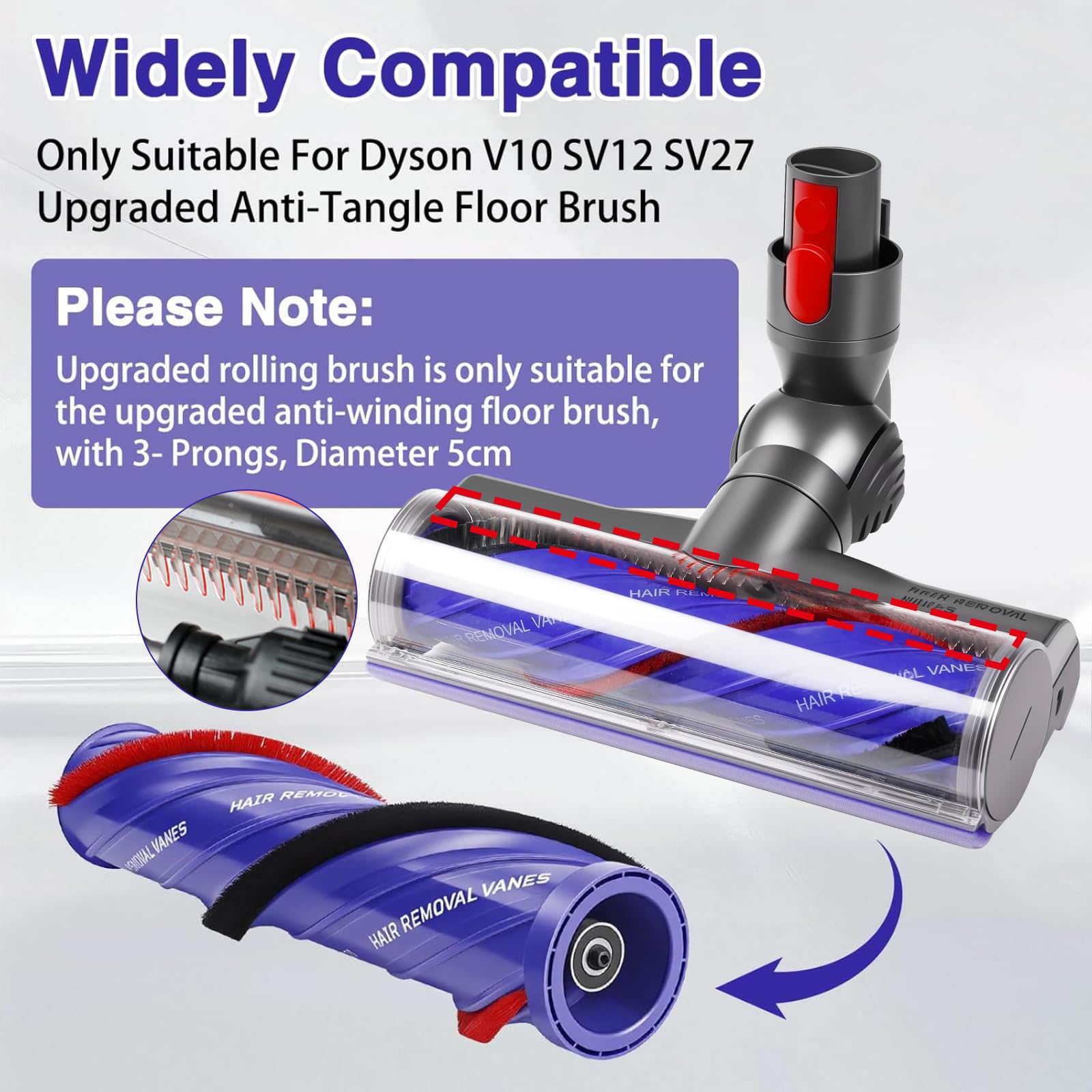 Odashen Replacement Brush Roller for Dyson Anti-Tangle Vacuum Head, Compatible with Dyson V10 SV12 SV27 Anti-Tangle Cordless Vacuums, 3-Prong Brush Roller Bar