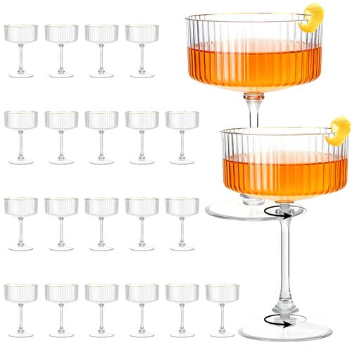 SDBALLBZ Plastic Martini Glasses, Detachable Coupe Glasses, Ribbed Vintage Cocktail Glass with Gold Rim, Unbreakable Reusable BPA-free Stemware for Wedding Anniversary (24pcs, Clear)