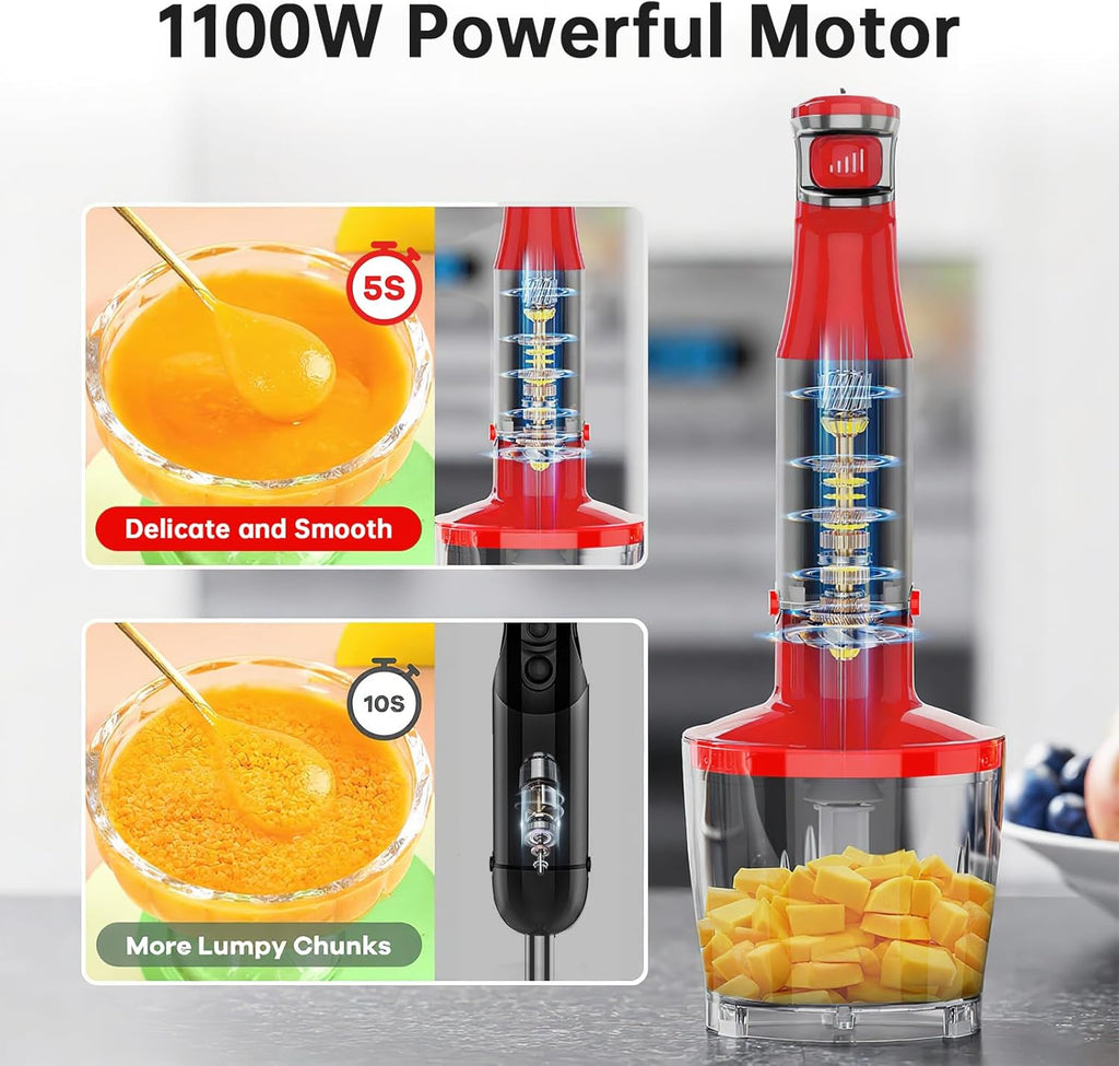 Skiennix Immersion Blender - 1100W Handheld Stick Mixer with Variable Speed, Chopper & Whisk - Christmas Red