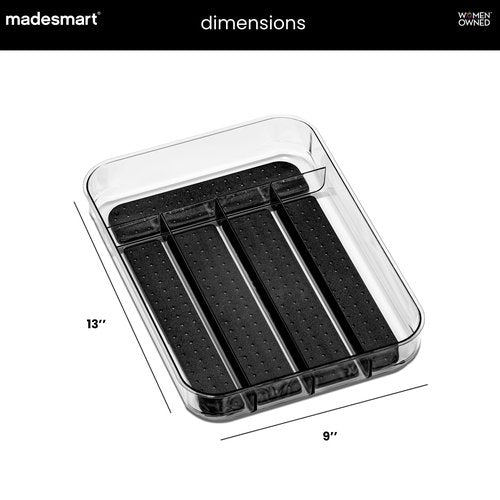 madesmart Premium Small Clear Silverware Tray, 5 Compartment Flatware Organizer for Forks, Knives & Spoons, Non Slip Base, Carbon
