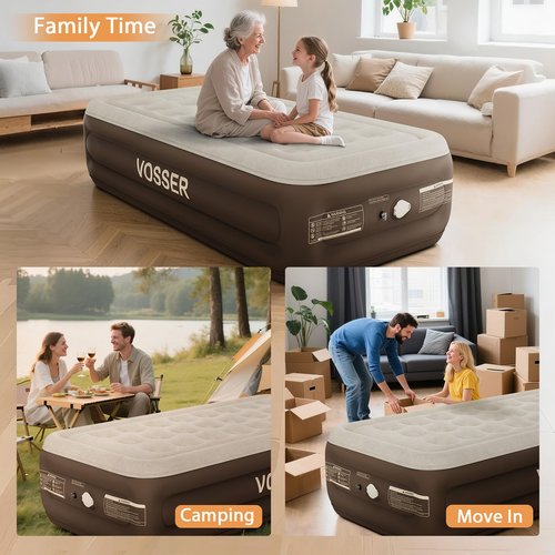 VOSSER Twin Size Airbed with Detachable Rechargeable Pump - for Camping & Home Use, Portable Design, Supports up to 330 lbs MAX