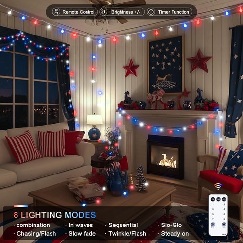 JMEXSUSS 100 LED Connectable Red, White, and Blue String Lights - 33ft Indoor/Outdoor Patriotic Decor with Remote & 8 Modes
