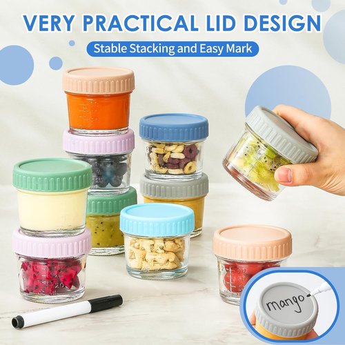 DRKIO 6 Pack Glass Baby Food Storage Containers - 4 Oz Leak Proof Jars with Lids | Microwave & Dishwasher Safe