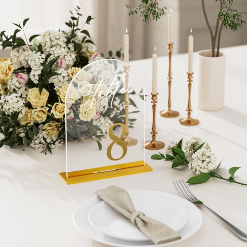 iFaveorr Arch Wedding Table Numbers 1-20 with Stands, Elegant Gold Number 5.5 x 7” Arch Acrylic Signs with Holder, Clear Acrylic Table Numbers for Wedding Reception, Anniversary, Party, Events