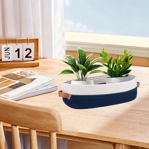 Hapforever 1 Pack Small Woven Storage Basket for Toilet Tank Top, Bathroom Countertop Organizer Cotton Rope Toilet Paper Storage Decorative Basket 13"x6"x4"(Navy/White)