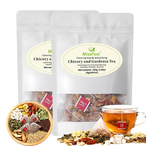 Chicory and Gardenia Tea, Liver and Kidney Detox, Nine Organic Herbal Ingredients, Sugar & Caffeine Free Chinese Herbal Tea with Chicory, Gardenia, Dandelion Root for Wellness 300g (5g*60 Packs）