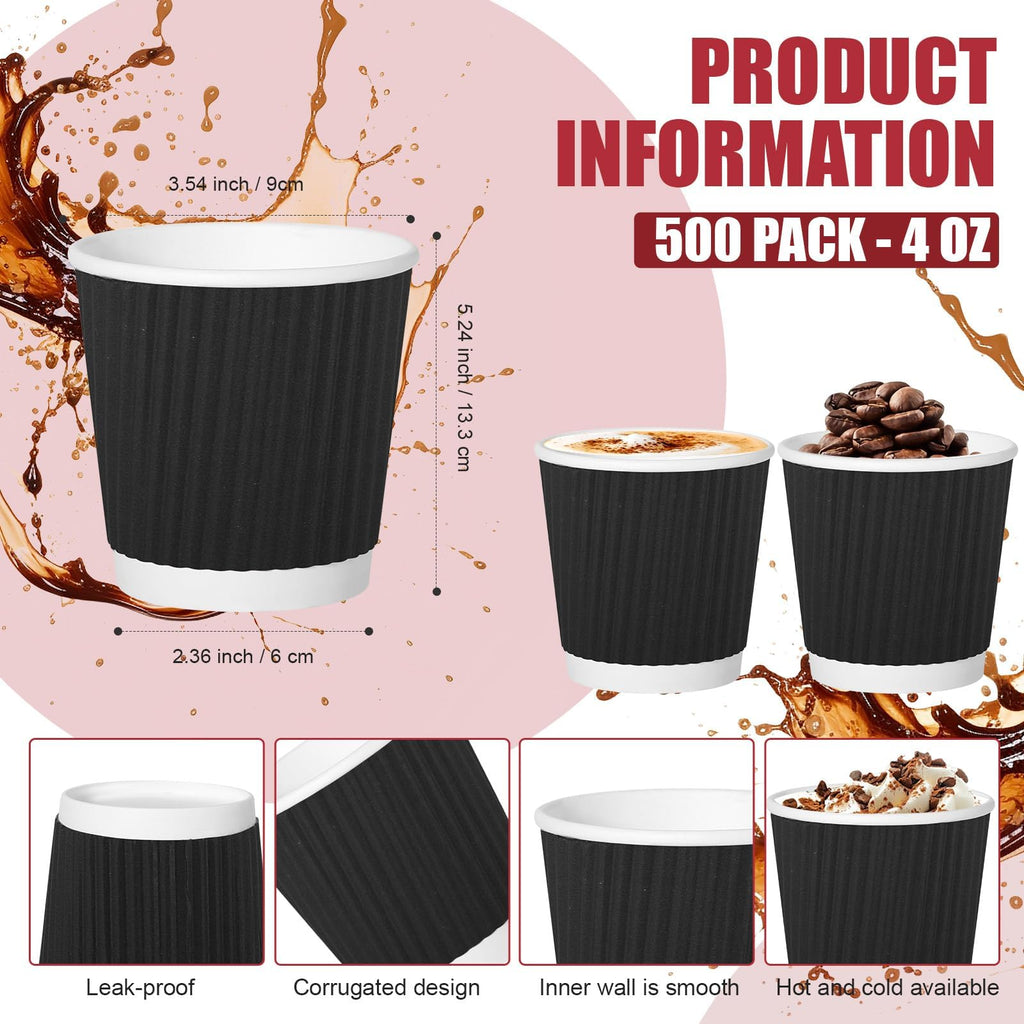 RXLWYUNLAE 500 Pack Paper Espresso Coffee Cups, 4 oz Disposable Coffee Cups,Corrugated Insulated Ripple Wall, Paper Ripple Cup for Coffee, Hot Chocolate and Hot Tea Drinks -Black