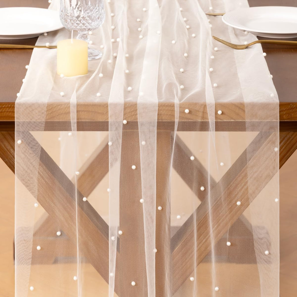 Socomi Pearl Table Runner - Elegant Tulle Design for Spring & Easter | 10FT Ivory White Decor