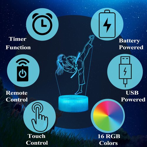 POSSHE Karate Girl Night Light, Karate Gifts, Taekwondo 3D Illusion Lamp with 16 Colors Changing, Timer, 4 Flash Modes and Dimmable, Kids Girls Room Decoration, Holiday Xmas Gifts