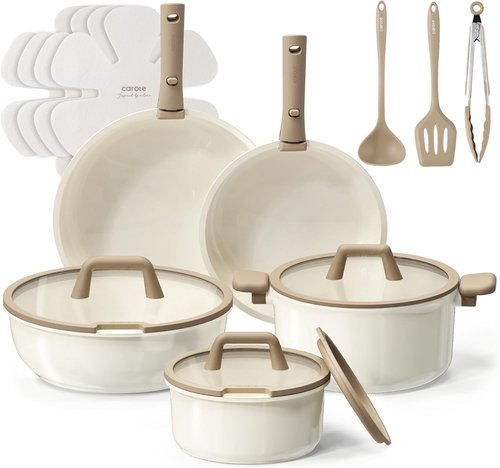 CAROTE 18-Piece Ceramic Cookware Set - Induction Nonstick Pots & Pans, Dishwasher Safe, Brown