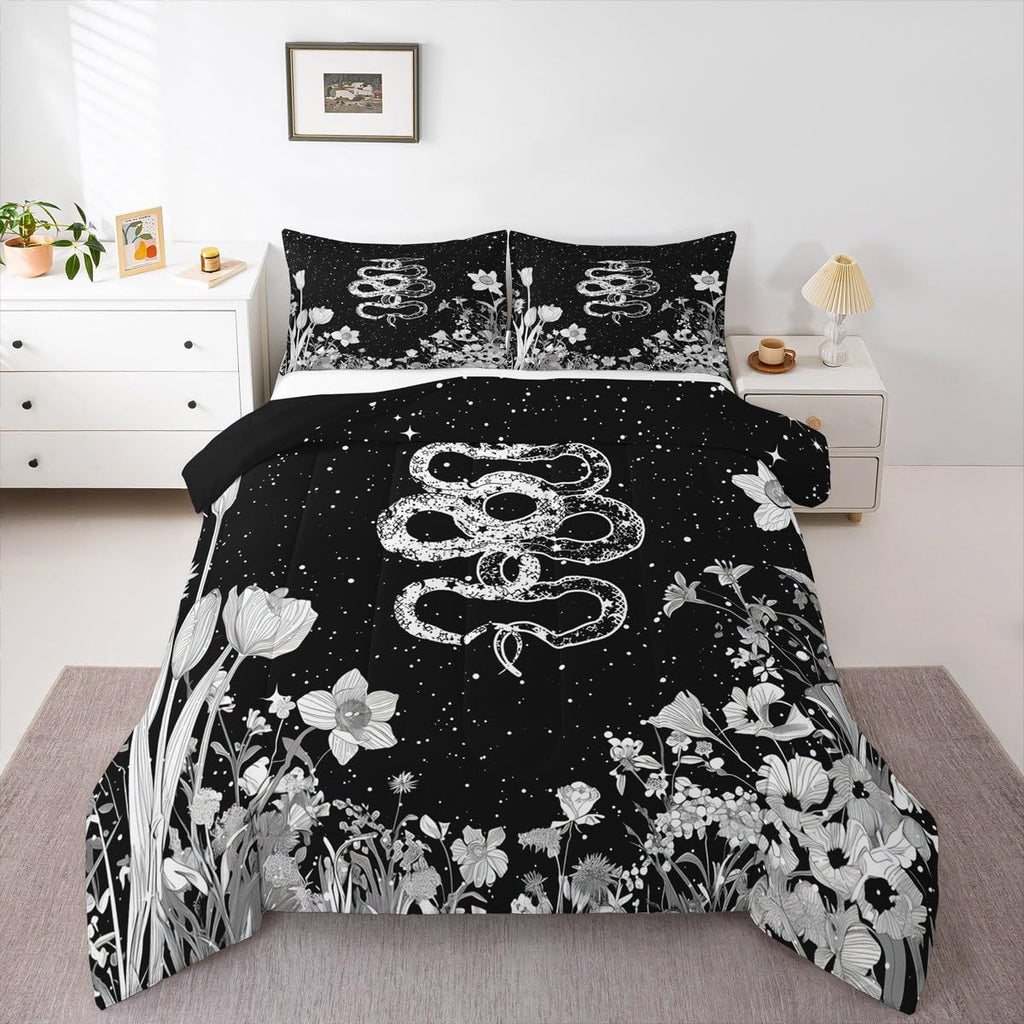Snake Comforter Set Twin Size,Night Moon Starry Sky Bedding Set 2Pcs,Boho Flower Leaves Botanical Print Quilt Set for Kids Boys Girls Teens Room Decor Gothic Animal Duvet Insert,1 Pillowcase