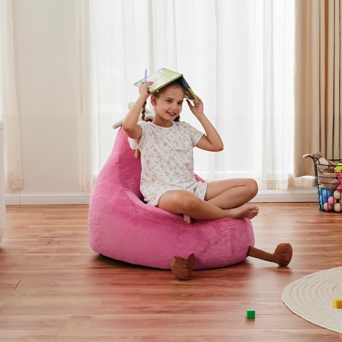 NEWBULIG Bean Bag Chair for Kids, Toddler Reading Comfy Sofa with Washable Soft Faux Rabbit Plush Cover, Kids Eggplant Bean Bag Chair for Bedroom, Playroom Living Room, Ages 4-12, 31 Inch, Rose Red