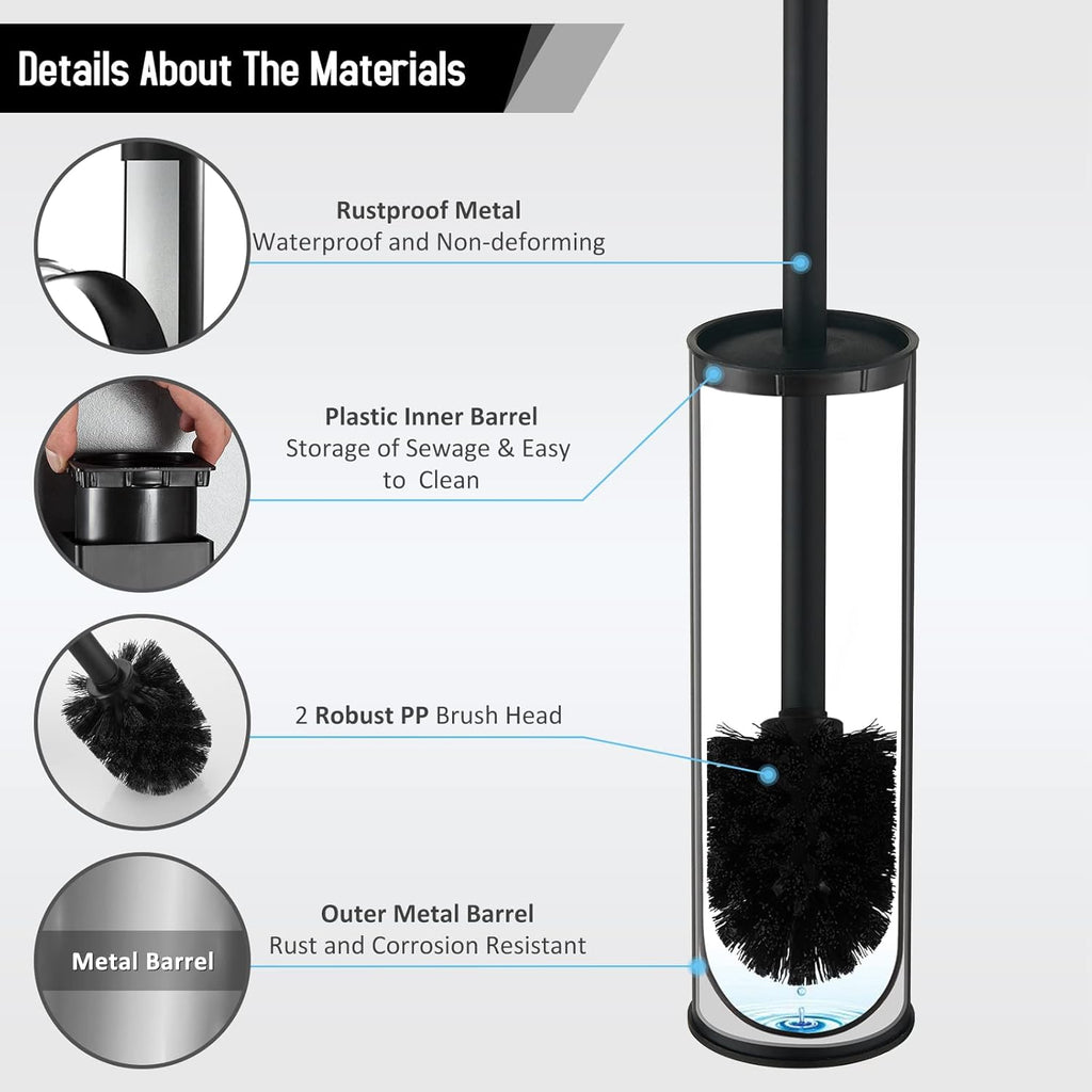 BGL Stainless Steel Toilet Brush - Durable Holder with 2 Black Bristle Heads for Effective Cleaning