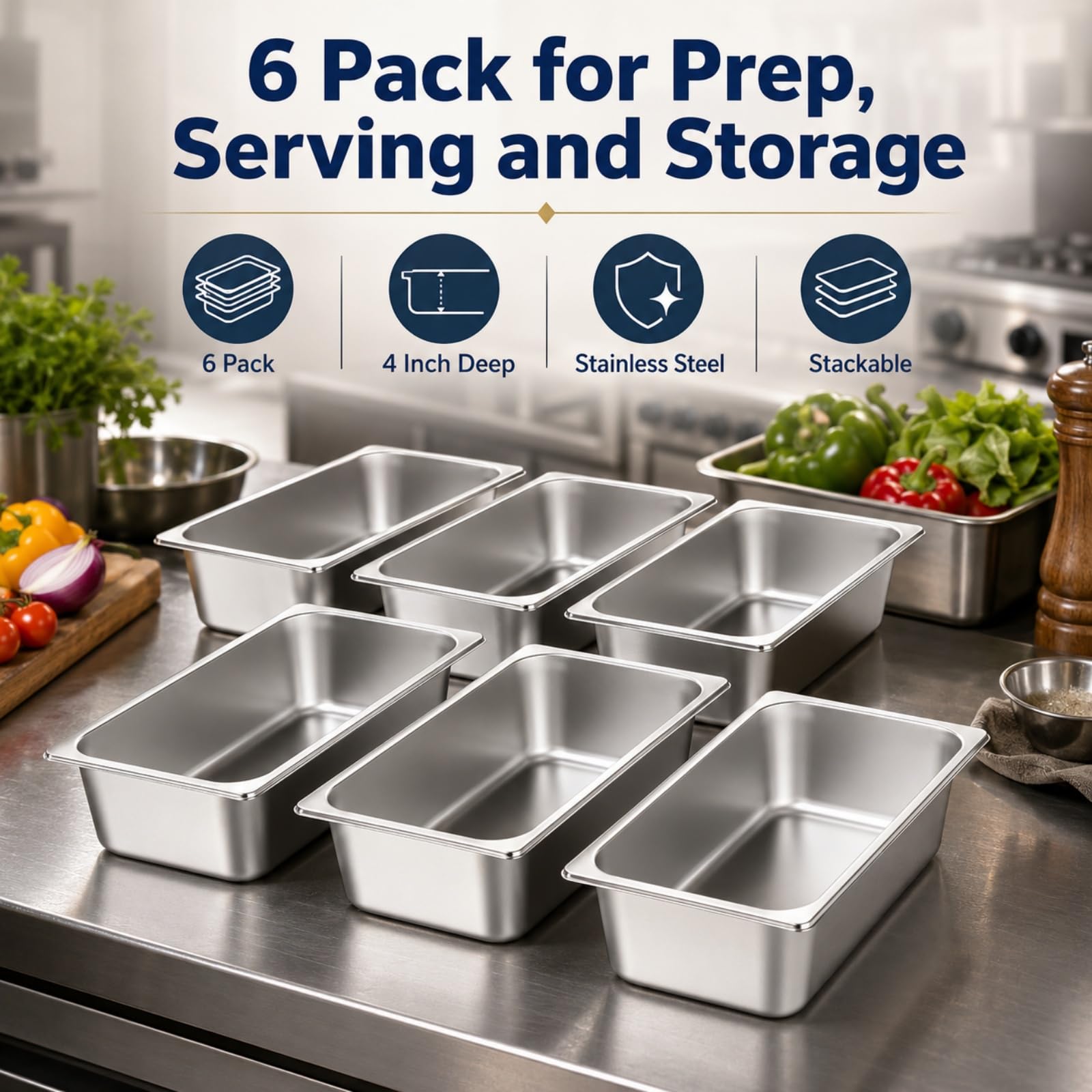 YOUNTHYE 6 Pack 1/3 Size Hotel Pans, 4 Inch Deep Stainless Steel Steam Table Pans for Chafing Dishes, Buffet, Catering, Restaurant Food Prep and Storage