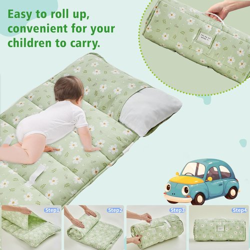 Toddler Nap Mat with Pillow and Blanket,Soft Slumber Bags for Girls,Kids Sleeping Bags with Roll Up Design,Green Floral Nap Mats for Preschool,Daycare,Kindergarten,Fits Ages 3-6 Years Old-Green