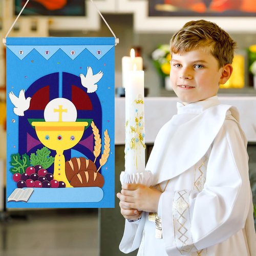 First Communion Banner Kit for Boys Girls Catholic Craft Pack First Holy Communion Banner kits DIY Holy Communion Banners Church and Sunday School Crafts for Kids First Communion Felt Decor Set