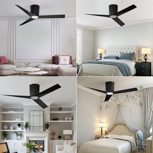 Roomratv Black Ceiling Fans with Dimmable Led Lights, 52 Inch Flush Mount Ceiling Fan Remote Control, Quiet DC Reversible Motor for Summer Winter, Low Profile Modern ABS Blades Indoor Use