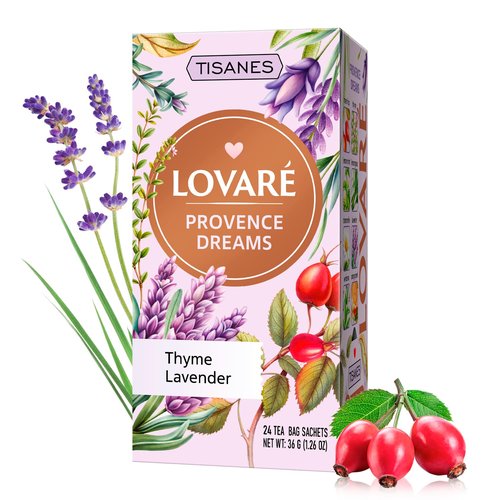 LOVARE Tisanes Provence Dreams Herbal & Fruit Tea Bags with Lavender, Rosehip Lemongrass Lemon Mint Thyme Chamomile Orange Peel Lemon Verbena, Caffeine-Free, 24 Count (1.5 g Each), 36 g, Made in Ukraine (PROVENCE DREAMS)