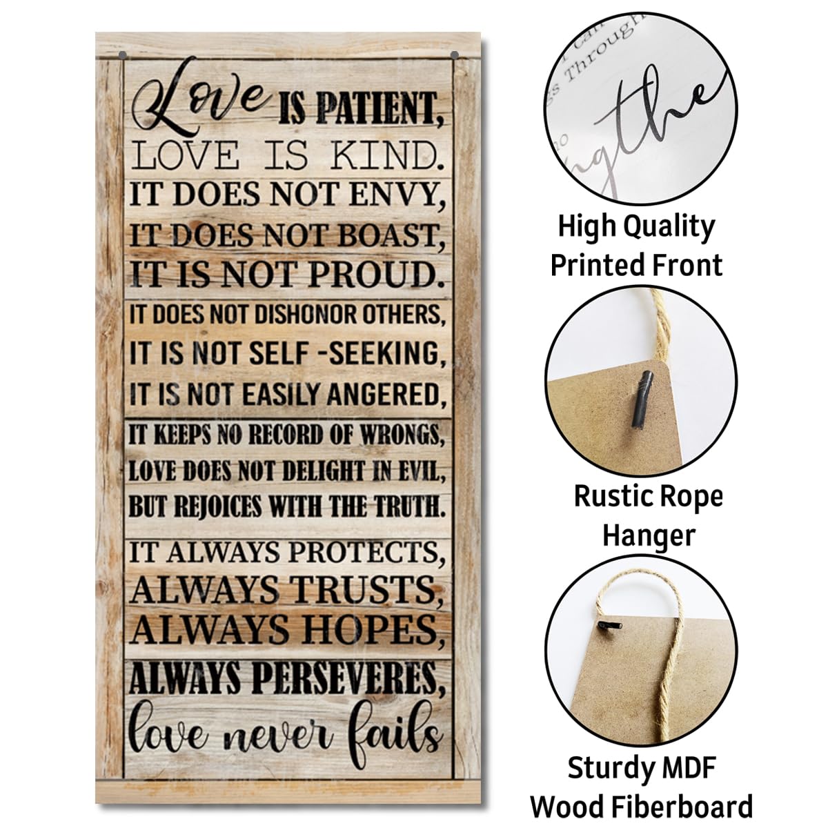 1 Corinthians 13:4-8 Inspirational Hanging Wood Decor Sign, Printed Wood Sign, Love is Patient, Love is Kind Quote, Hanging Bible Verses Woods Wall Signs, Rustic Home Decor Signs, Christian Gift E1