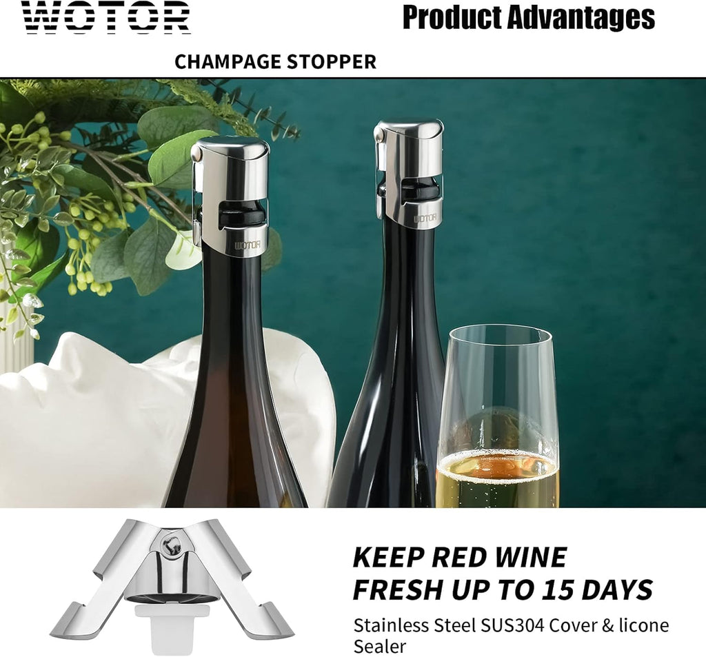 WOTOR Stainless Steel Champagne Stoppers - Champagne Bottle Stoppers with Silicone Seal, Reusable Cork & Saver, Suitable for Prosecco & Sparkling Wine, Silver, 3 Pack