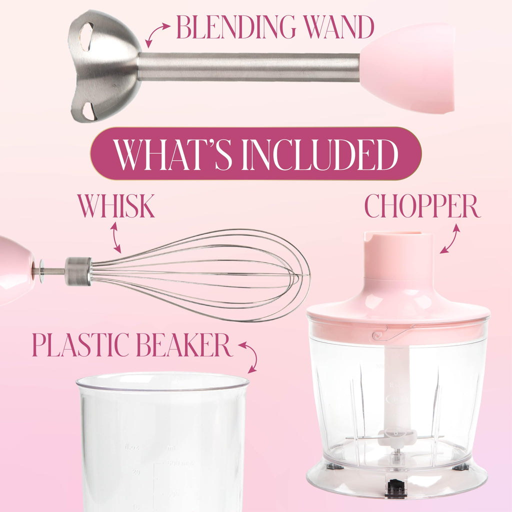 Paris Hilton Hand Blender Set, 3-in-1 Immersion Blender with Whisk, Blending & Chopper Attachments, 400W High Speed, Pink with Gold Accents – Smoothies, Soups, Sauces, Baby Food, Whipped Cream, Pink