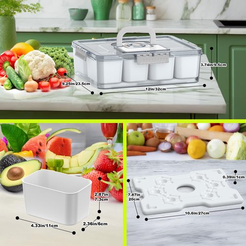 Palksky Snackle Box Container with Ice Pack, Travel Snack Containers with Lid & Handle, Chilled Portable Divided Serving Tray, 8 Compartments Bento Snack Box for Fruits Veggies Snacks, Keep Food Cold