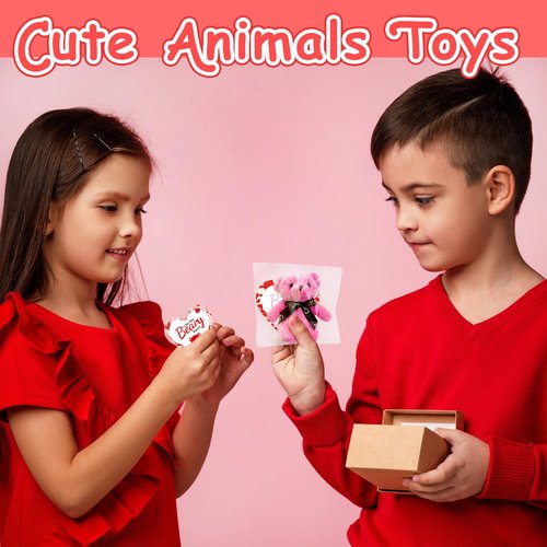 Haayeicai 30 Pack Valentine Day Mini Plush Animals Toys,Valentine's Day Gifts for Kids,Cute Stuffed Animals Toys with Heart Cards for Kids,School Prizes,Valentine's Day Party Supplies