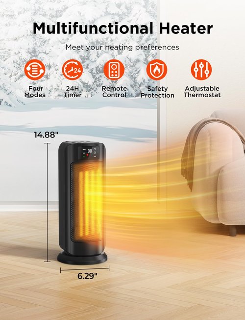 1500W Portable Electric Space Heater, Fast Heating Ceramic Heaters for Indoor Use with Thermostat, 4 Modes,60° Oscillating,24H timer, Quiet and Safe Heating for Office Desk Bedroom Livingroom, Black