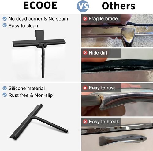 Ecooe Silicone Shower Squeegee - 11" Black Window Scraper with Stainless Steel Core for Home & Car
