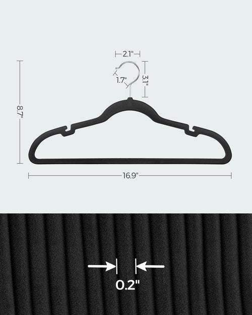 SONGMICS Velvet Hangers 50 Pack, Non-Slip Clothes Hangers, with Shoulder Notches, Pants Bar, 360° Swivel Hook, Space-Saving, for Closet, Ink Black UCRF029B05