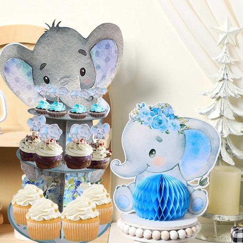 Zliisang Blue Elephant Cupcake Stand Baby Boy Baby Shower Decorations 3 Tiered Dessert Cake Table Displays Eelephant Birthday Party Decorations Baby Shower Decorations for Boy