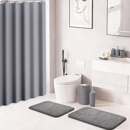 XLHOMO 24 PCS Gray Bathroom Accessories Set with Shower Curtain and Rugs, Bathroom Sets with Extra Soft and Absorbent Bath Rugs Shower Curtain Bathroom Accessory for Bath