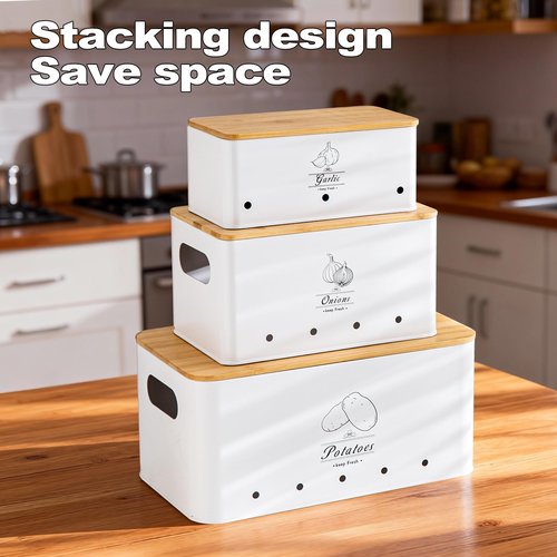 Tenforie Potato Onion and Garlic Storage Bin Set of 3, White Metal Kitchen Vegetable Canisters with Bamboo Lid and Aerating Holes, Stackable Kitchen Storage Tin for Countertop Pantry
