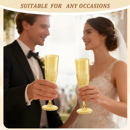 HTTBEIZI Plastic Champagne Flutes 7oz, Reusable Drinking Glasses Cups Goblets Shatterproof Unbreakable, for Wedding Party Mimosa Bar Easter (48, Gold)