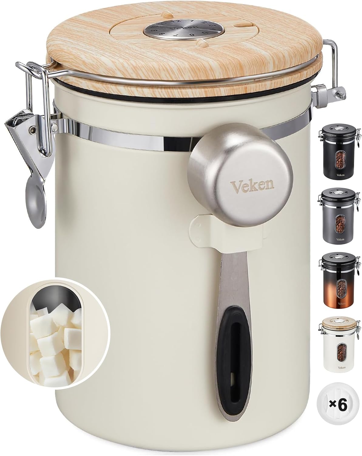 Veken Coffee Canister - Airtight Stainless Steel Food Storage Container with Window & Date Tracker | 22oz Cream