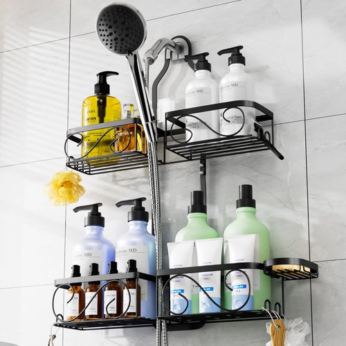 Kadolina Shower Caddy Hanging for Handheld Showerheads, Rustproof Stainless Steel Shower Organizer, Large-Capacity Bathroom Organizer Rack with Soap Dish and Hooks for Razor/Sponge, Black