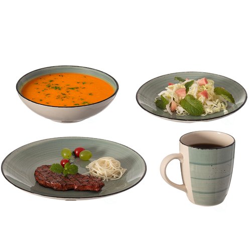 16 PC Spin Wash Dinnerware Dish Set for 4 Person | Mugs, Salad and Dinner Plates and Bowls Sets, Stylish Dishes with Highly Chip and Crack Resistant, Dishwasher and Microwave Safe, Green. QI004502.GN