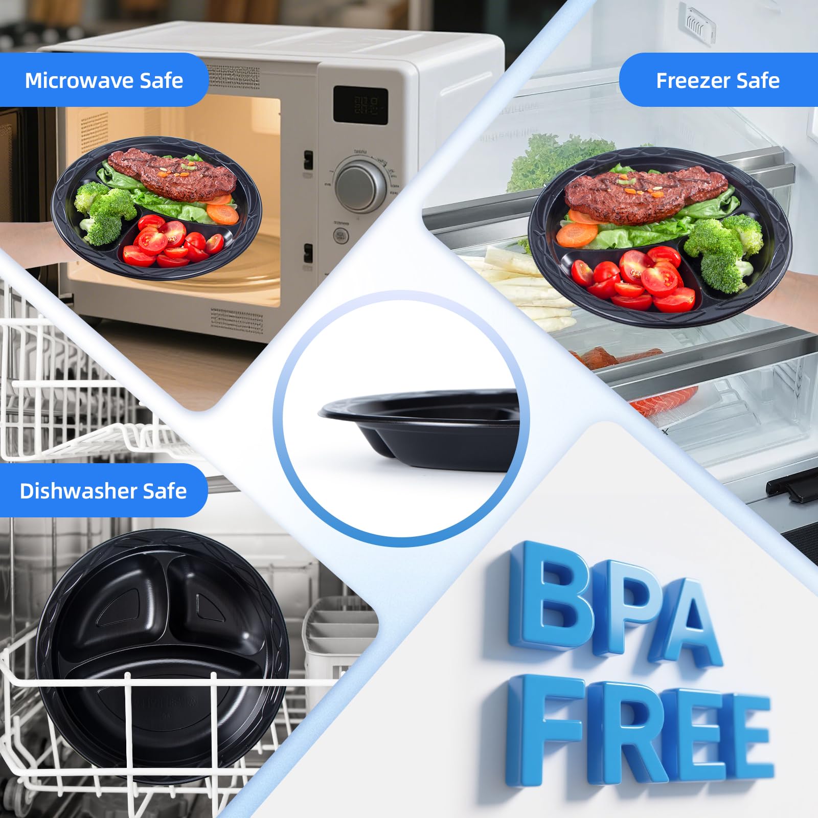 YANGRUI Disposable Plates 10" 150 Pack - Shrink Wrap BPA Free Mineral Filled PP Reusable Microwave Safe | Calcium Carbonate Reinforced Freezer Ready | Commercial Black 3 Compartment Plastic Plate
