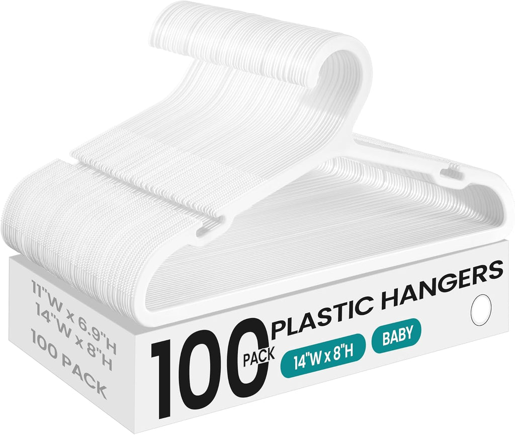 SONGMICS Kids Hangers - 100 Pack Plastic Baby Hangers for Closet | Space-Saving Non-Slip Design, Cloud White, 14 x 7 Inches