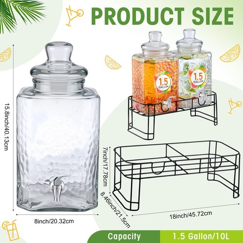 Honeydak 1.5 Gallon Glass Beverage Dispenser with Stand Spigot Glass Lid Leakproof Drink Dispenser Ice Drink Clear Lemonade Juice Jar for Party Wedding Kitchen (2 Pack)