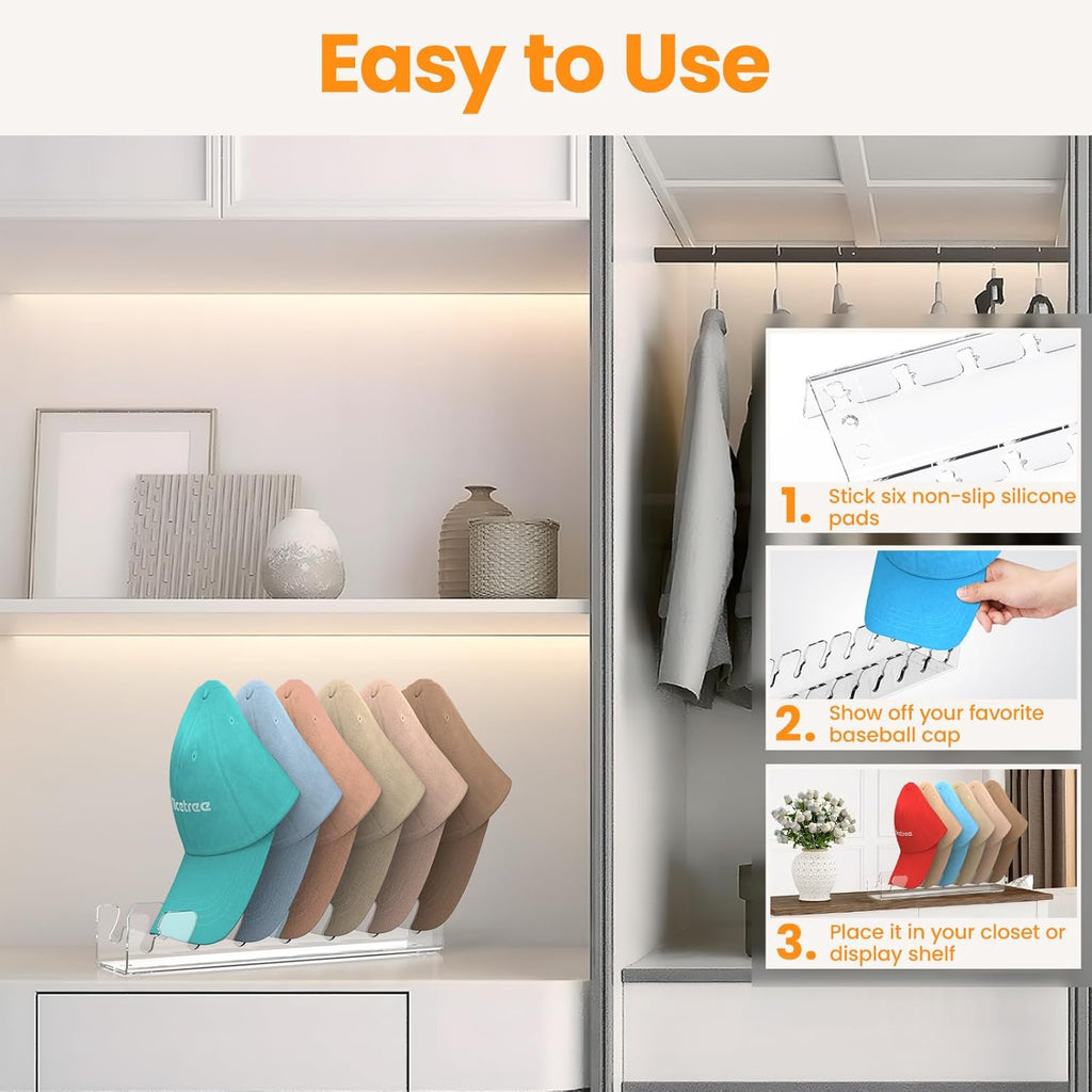 Nicetree Hat Organizer - Acrylic Cap Racks for 14 Baseball Caps | No Installation Needed, Ideal for Dresser & Closet