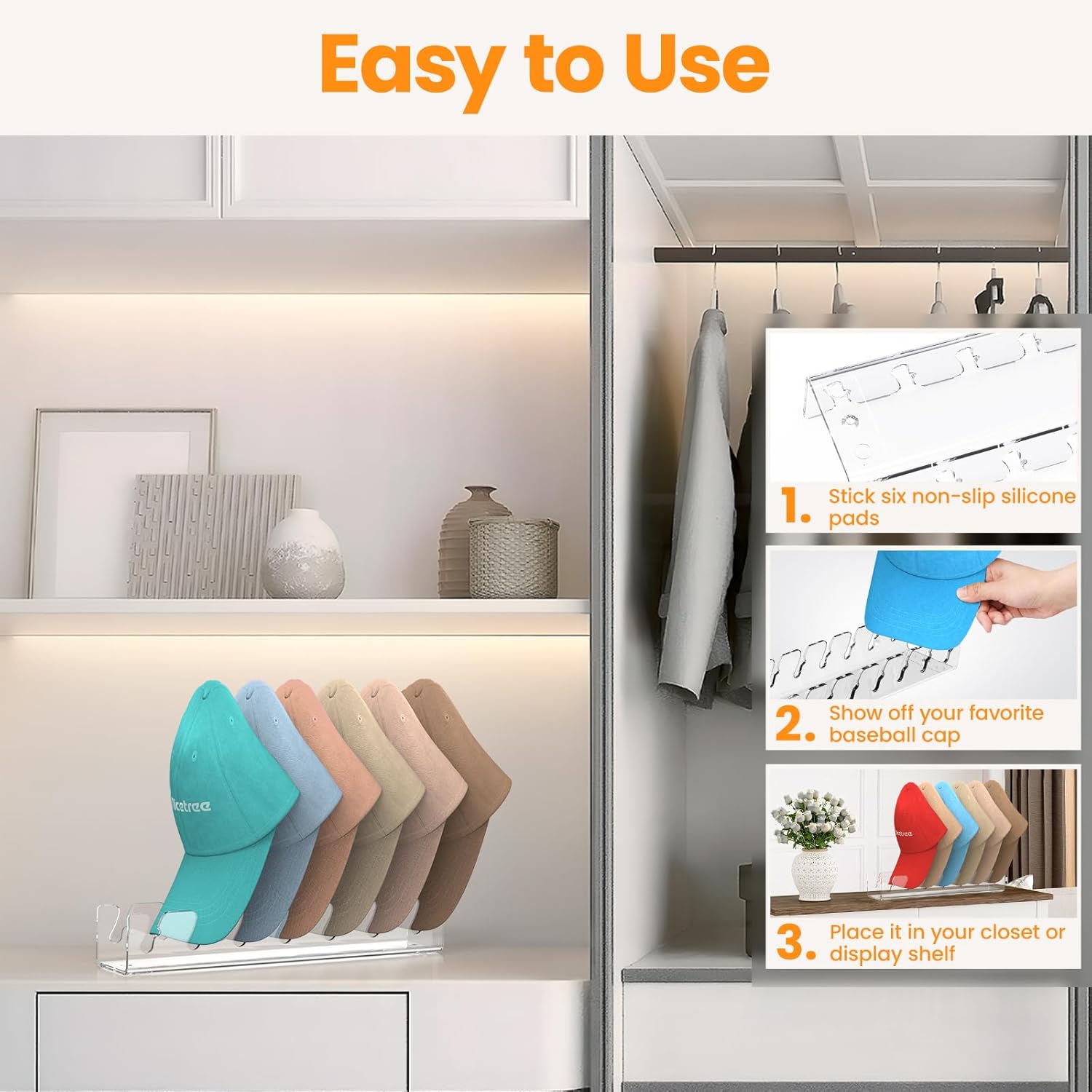 Nicetree Hat Organizer - Acrylic Cap Racks for 14 Baseball Caps | No Installation Needed, Ideal for Dresser & Closet