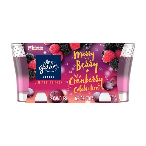 Glade Candle Jar, Air Freshener, 2in1, Merry Berry & Cranberry Celebration, 3.4 Oz, 2 Count