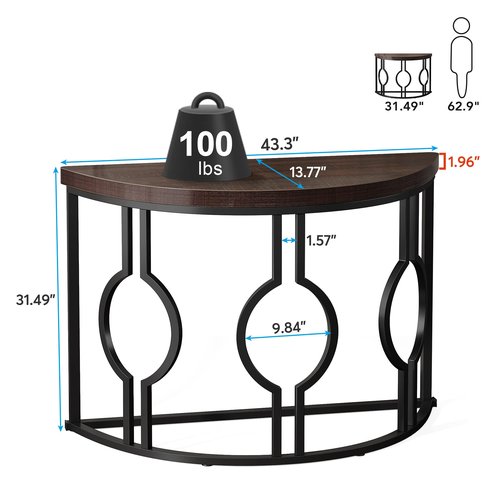 LITTLE TREE 43 Inch Half Moon Console Table for Entryway Industrial Semi Circle Sofa Table Wood Accent Table for Living Room, Hallway, Foyer, Entrance, Rustic Brown